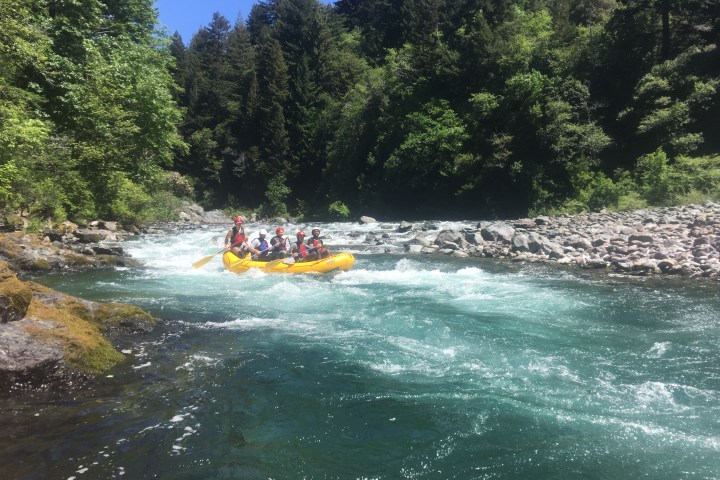 Group of white water rafters navigating down rapids